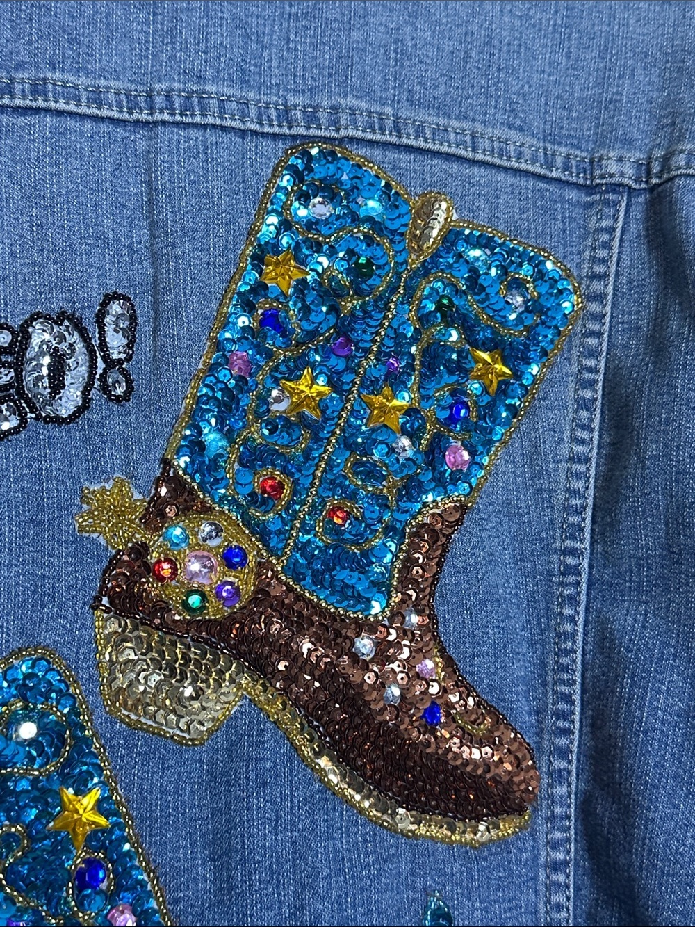Faded Glory medium wash custom-embellished denim trucker jacket Texas Design 2XL - Picture 14 of 15